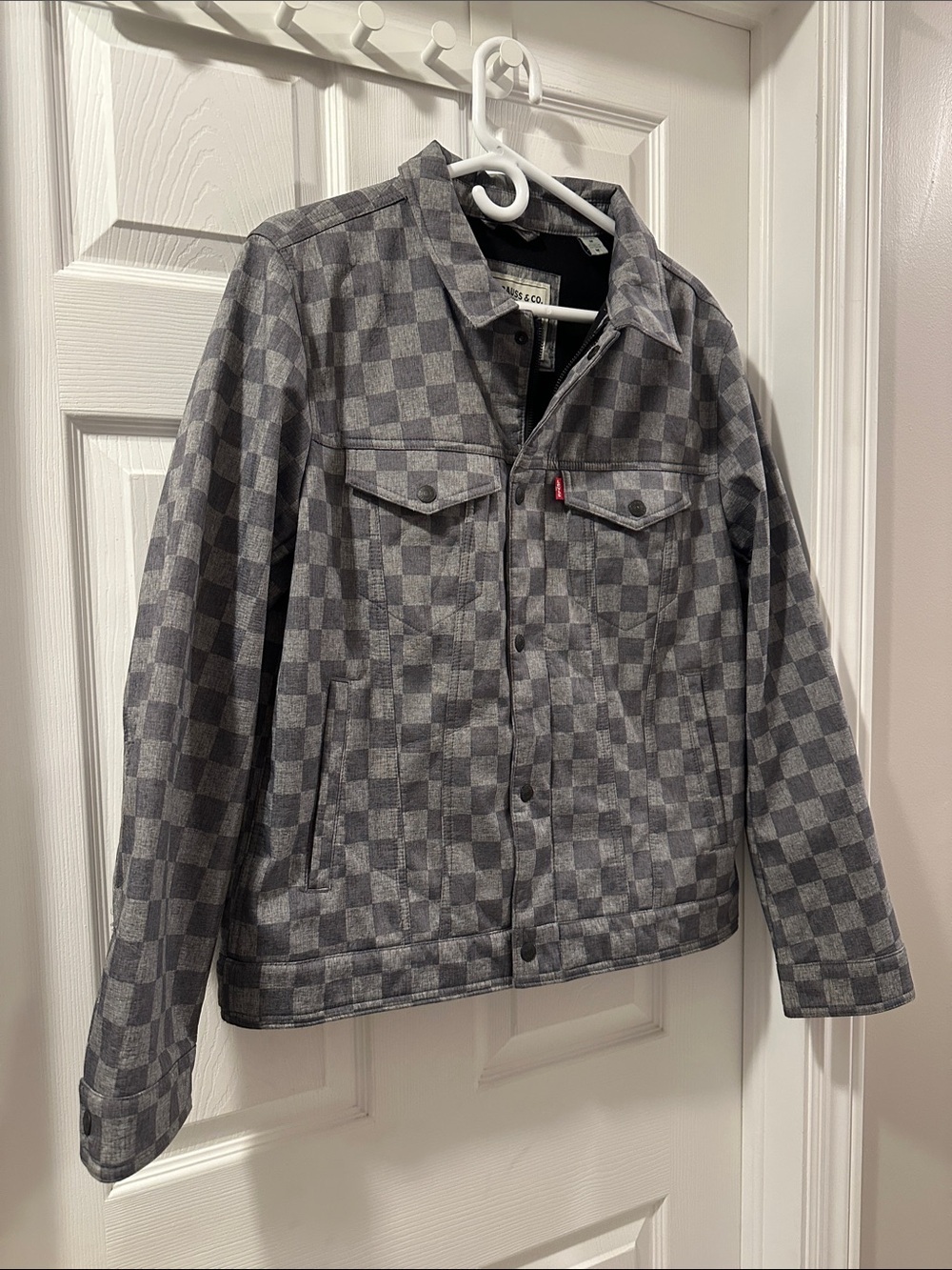 LEVI’S Men’s Gray Checkered Retro Casual Trucker Jacket Fleece Lined EUC Sz Med - Picture 3 of 17